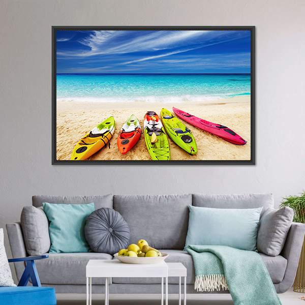 Colorful Kayaks On Beach Canvas Wall Art-5 Horizontal-Gallery Wrap-22" x 12"-Tiaracle