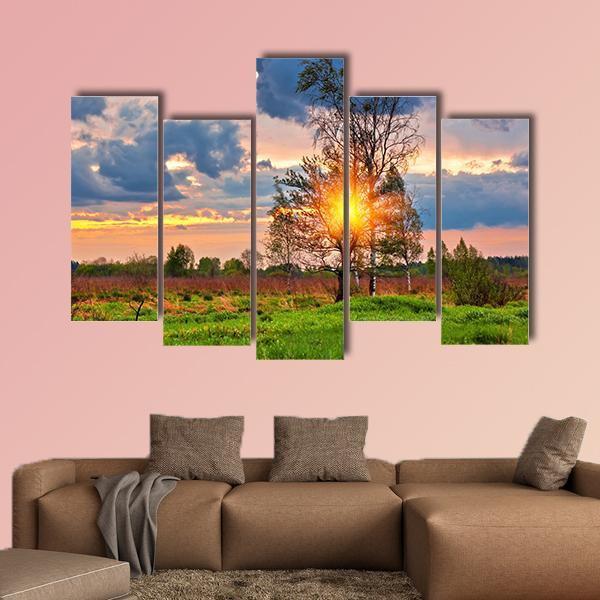 Sunset In Summer Field Canvas Wall Art-5 Pop-Gallery Wrap-47" x 32"-Tiaracle