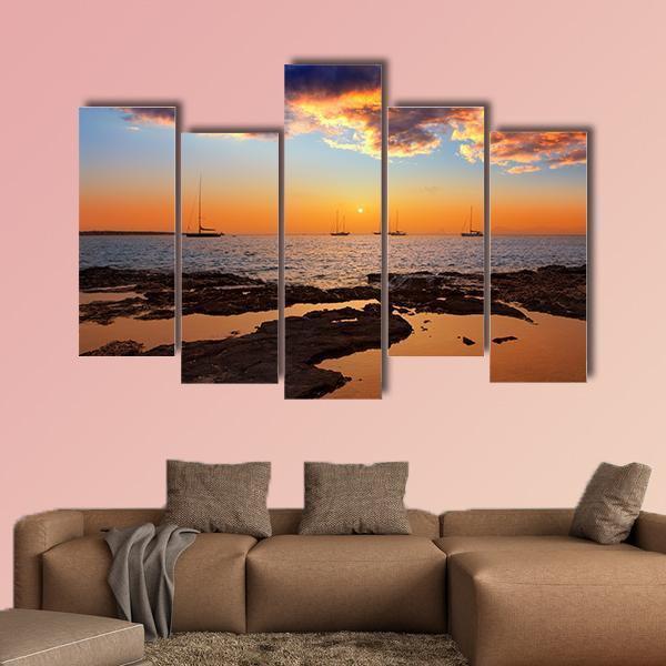 Colorful Sunset Of Ibiza Canvas Wall Art-5 Pop-Gallery Wrap-47" x 32"-Tiaracle