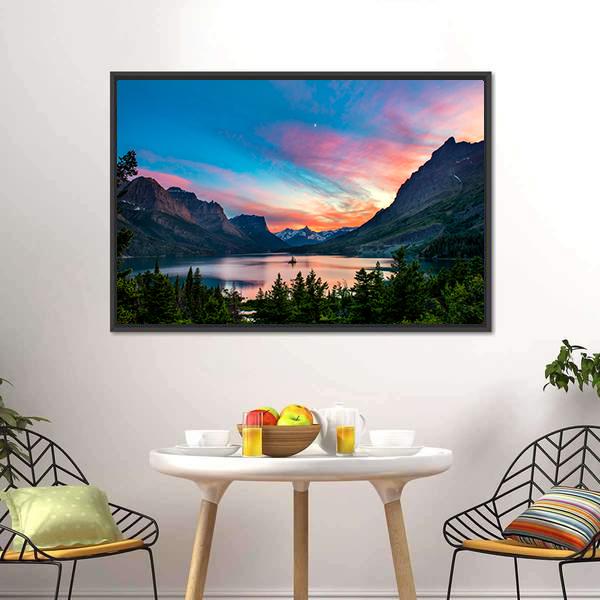 Sunset Over St. Mary Lake Canvas Wall Art-1 Piece-Floating Frame-24" x 16"-Tiaracle