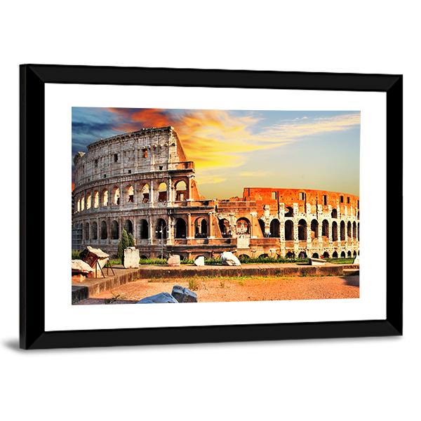 Colosseum In Sunset Canvas Wall Art-3 Horizontal-Gallery Wrap-25" x 16"-Tiaracle