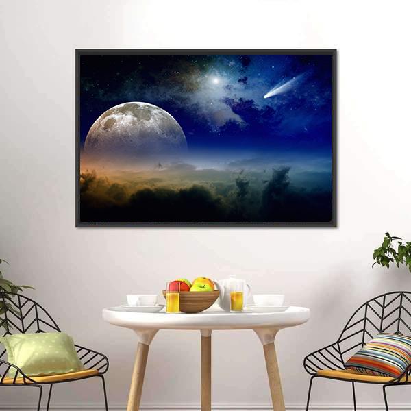 Comet In Dark Blue Sky Canvas Wall Art-1 Piece-Floating Frame-24" x 16"-Tiaracle