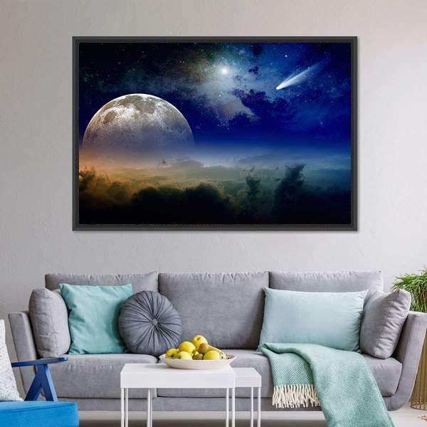 Comet In Dark Blue Sky Canvas Wall Art-5 Horizontal-Gallery Wrap-22" x 12"-Tiaracle