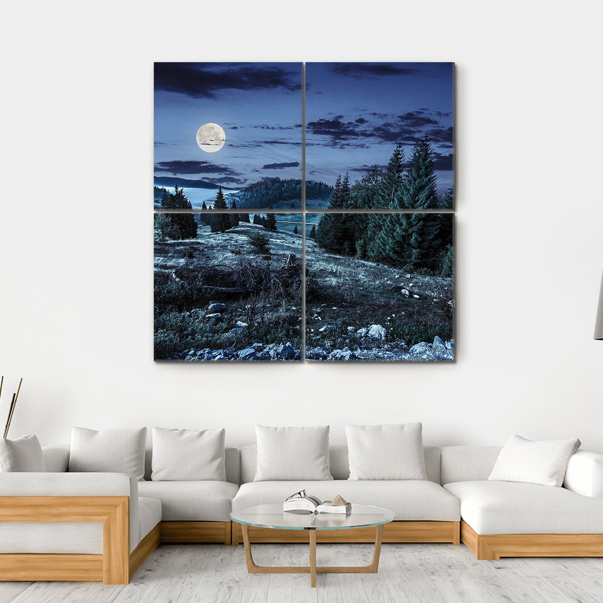 Coniferous Forest At Night Canvas Wall Art-4 Square-Gallery Wrap-17" x 17"-Tiaracle