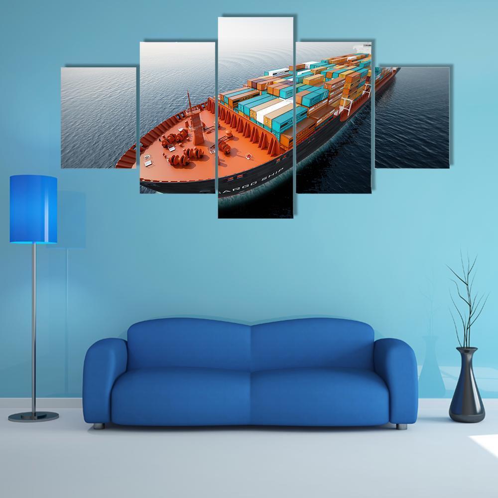 Container Ship In Ocean Canvas Wall Art-5 Star-Gallery Wrap-62" x 32"-Tiaracle