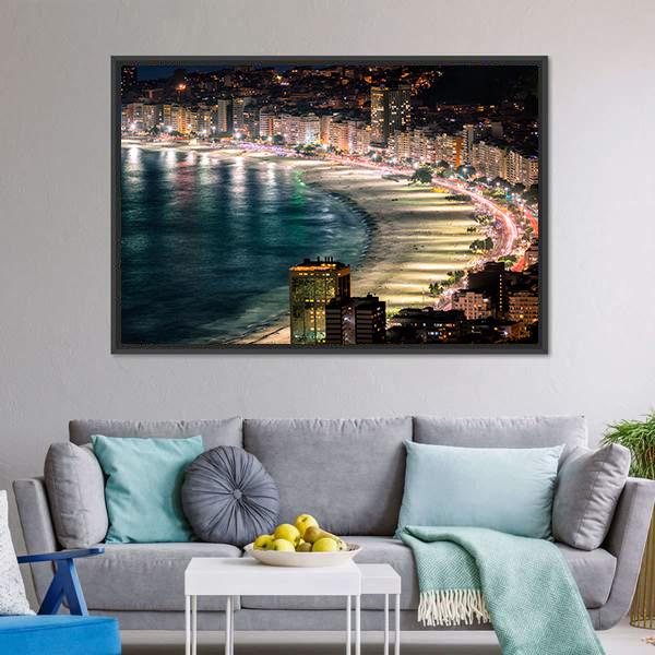 Copacabana Beach At Night Canvas Wall Art-1 Piece-Floating Frame-36" x 24"-Tiaracle