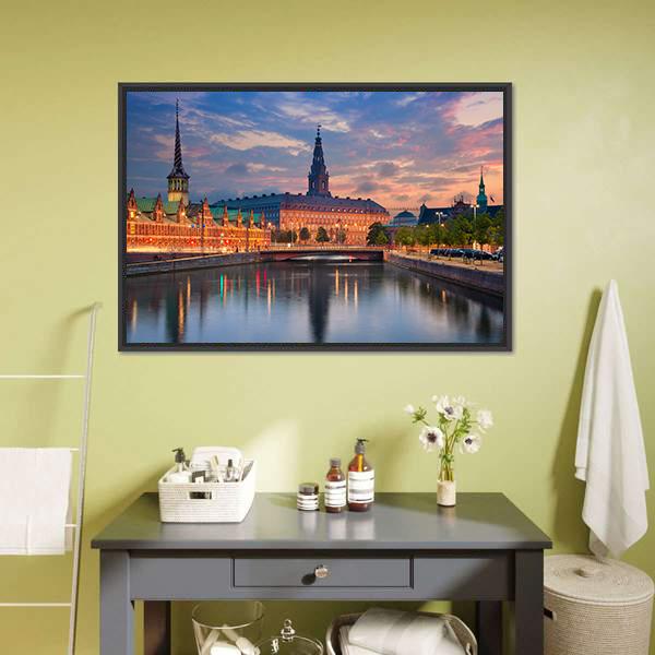 Copenhagen During Twilight Canvas Wall Art-3 Horizontal-Gallery Wrap-25" x 16"-Tiaracle