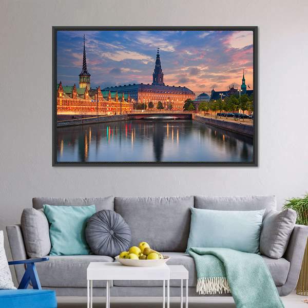 Copenhagen During Twilight Canvas Wall Art-3 Horizontal-Gallery Wrap-25" x 16"-Tiaracle