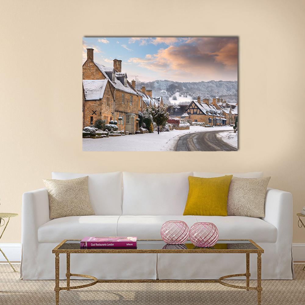 Cotswold Village In Snow Canvas Wall Art-1 Piece-Gallery Wrap-48" x 32"-Tiaracle