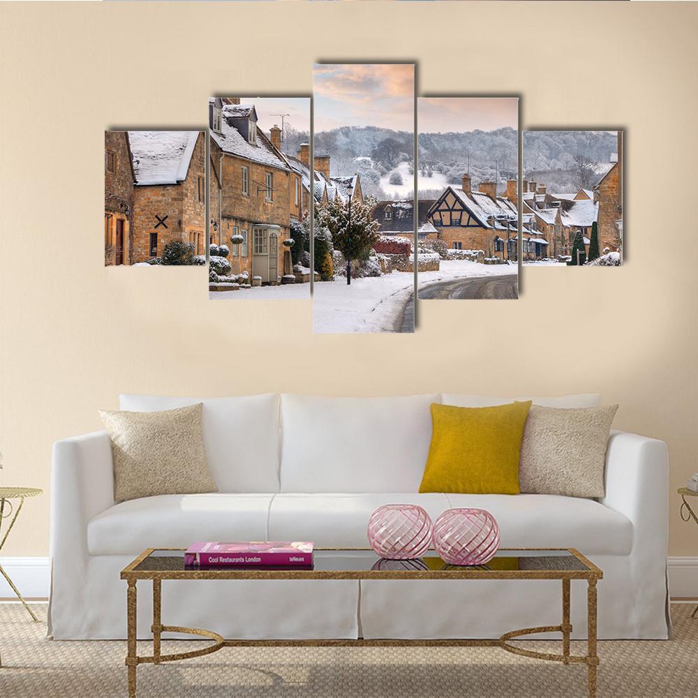 Cotswold Village In Snow Canvas Wall Art-5 Star-Gallery Wrap-62" x 32"-Tiaracle