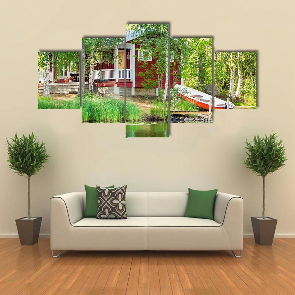 Cottage By The Lake Canvas Wall Art-5 Star-Gallery Wrap-62" x 32"-Tiaracle