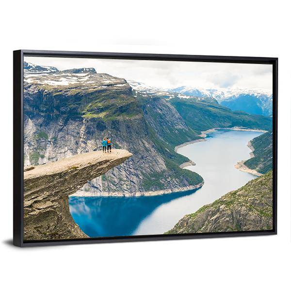 Couple Posing On Trolltunga Canvas Wall Art-3 Horizontal-Gallery Wrap-25" x 16"-Tiaracle
