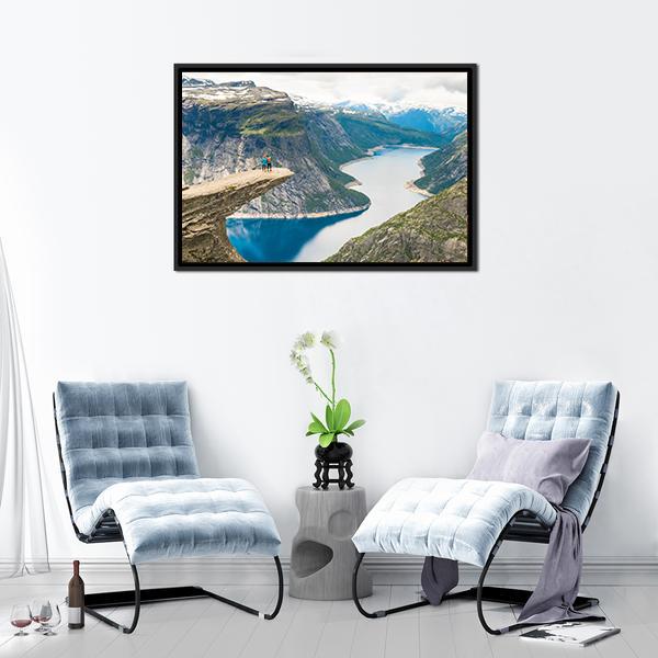 Couple Posing On Trolltunga Canvas Wall Art-3 Horizontal-Gallery Wrap-25" x 16"-Tiaracle