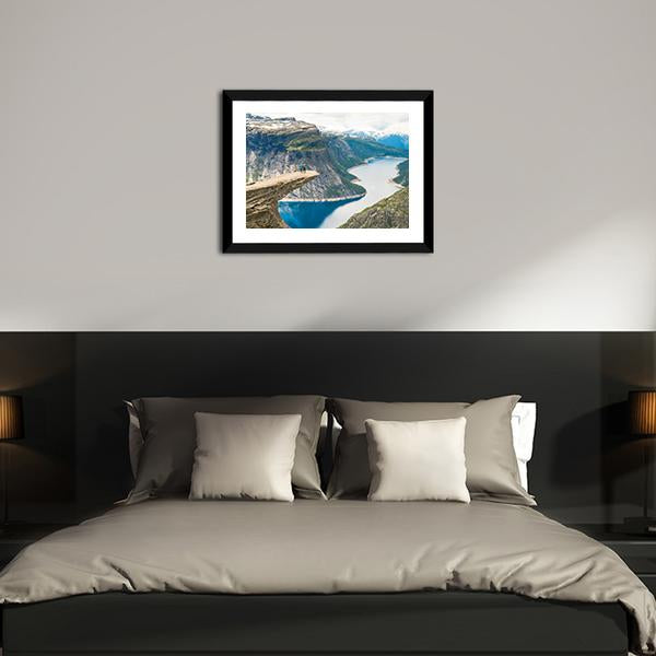 Couple Posing On Trolltunga Canvas Wall Art-3 Horizontal-Gallery Wrap-25" x 16"-Tiaracle
