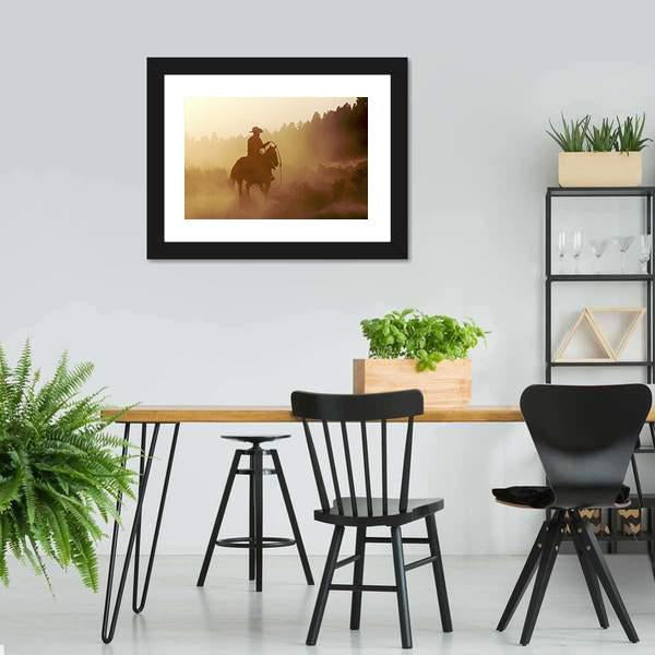 Cowboy In Setting Sun Canvas Wall Art-5 Horizontal-Gallery Wrap-22" x 12"-Tiaracle