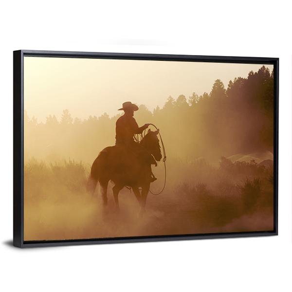 Cowboy In Setting Sun Canvas Wall Art-5 Horizontal-Gallery Wrap-22" x 12"-Tiaracle