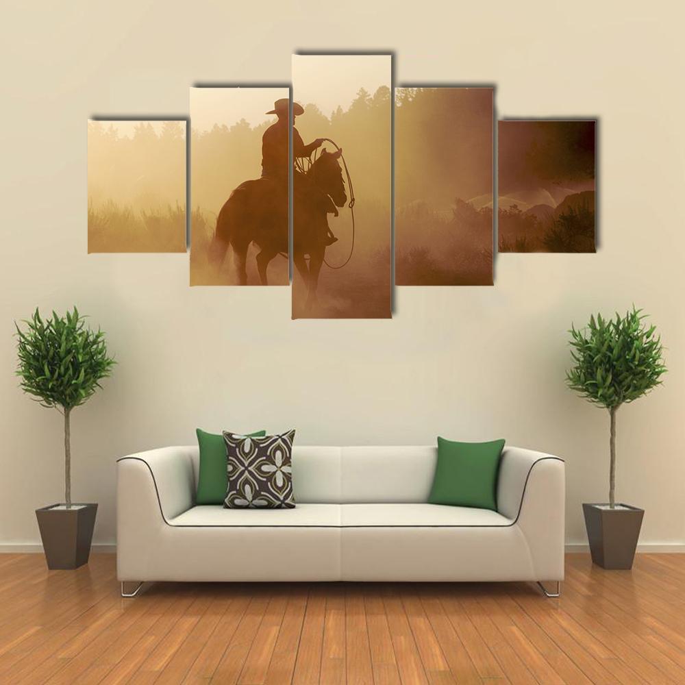 Cowboy In Setting Sun Canvas Wall Art-5 Star-Gallery Wrap-62" x 32"-Tiaracle