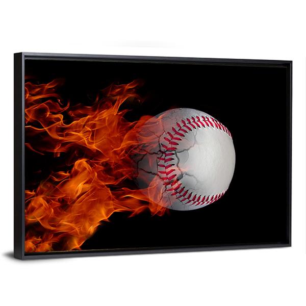 Cracked Baseball On Fire Canvas Wall Art-3 Horizontal-Gallery Wrap-25" x 16"-Tiaracle