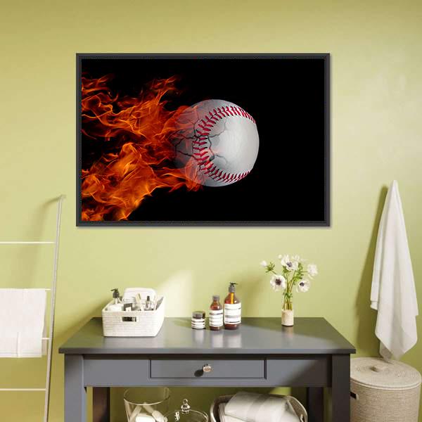 Cracked Baseball On Fire Canvas Wall Art-3 Horizontal-Gallery Wrap-25" x 16"-Tiaracle