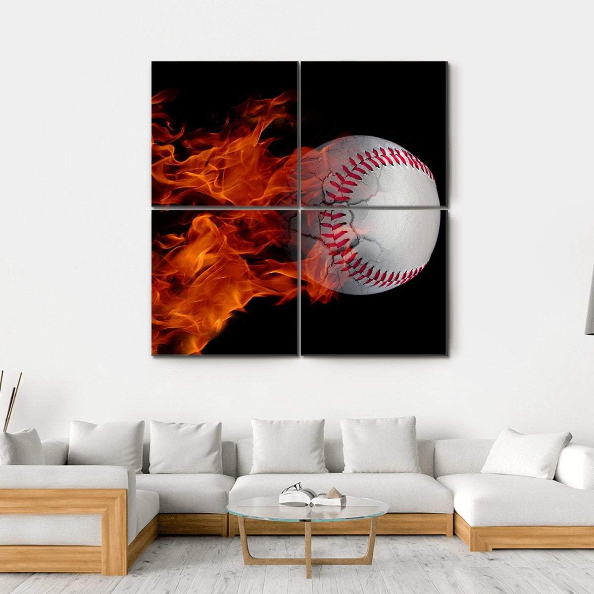 Cracked Baseball On Fire Canvas Wall Art-4 Square-Gallery Wrap-17" x 17"-Tiaracle