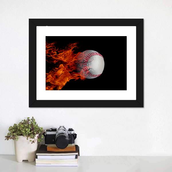 Cracked Baseball On Fire Panoramic Canvas Wall Art-1 Piece-36" x 12"-Tiaracle