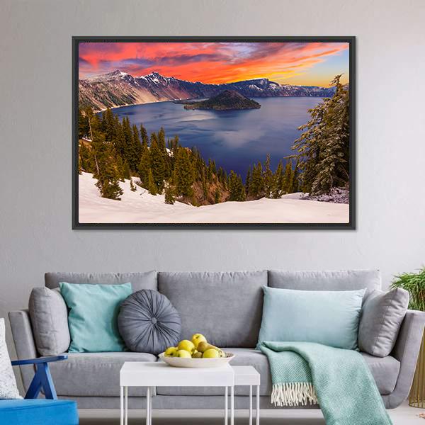 Crater Lake At Sunset Canvas Wall Art-5 Horizontal-Gallery Wrap-22" x 12"-Tiaracle