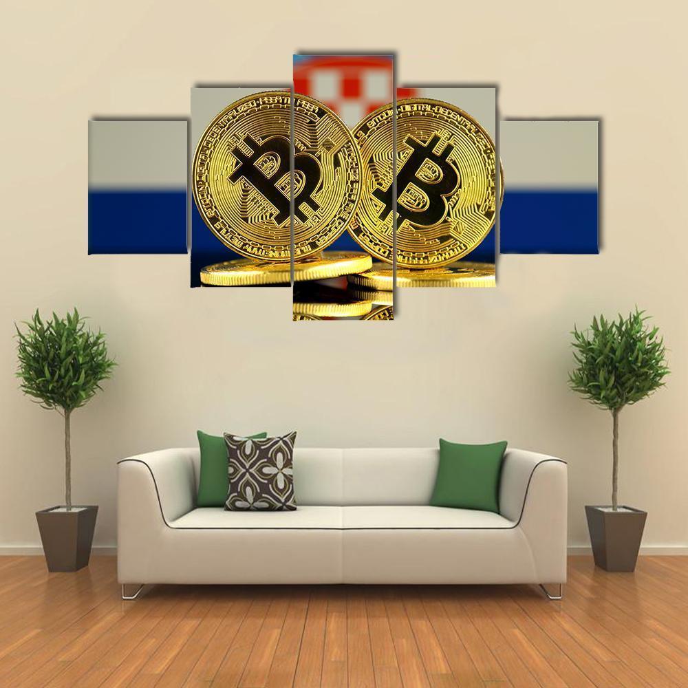 Croatia Flag With Bitcoin Canvas Wall Art-5 Star-Gallery Wrap-62" x 32"-Tiaracle