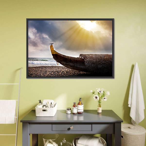 Crow Sitting On Boat Canvas Wall Art-1 Piece-Floating Frame-24" x 16"-Tiaracle