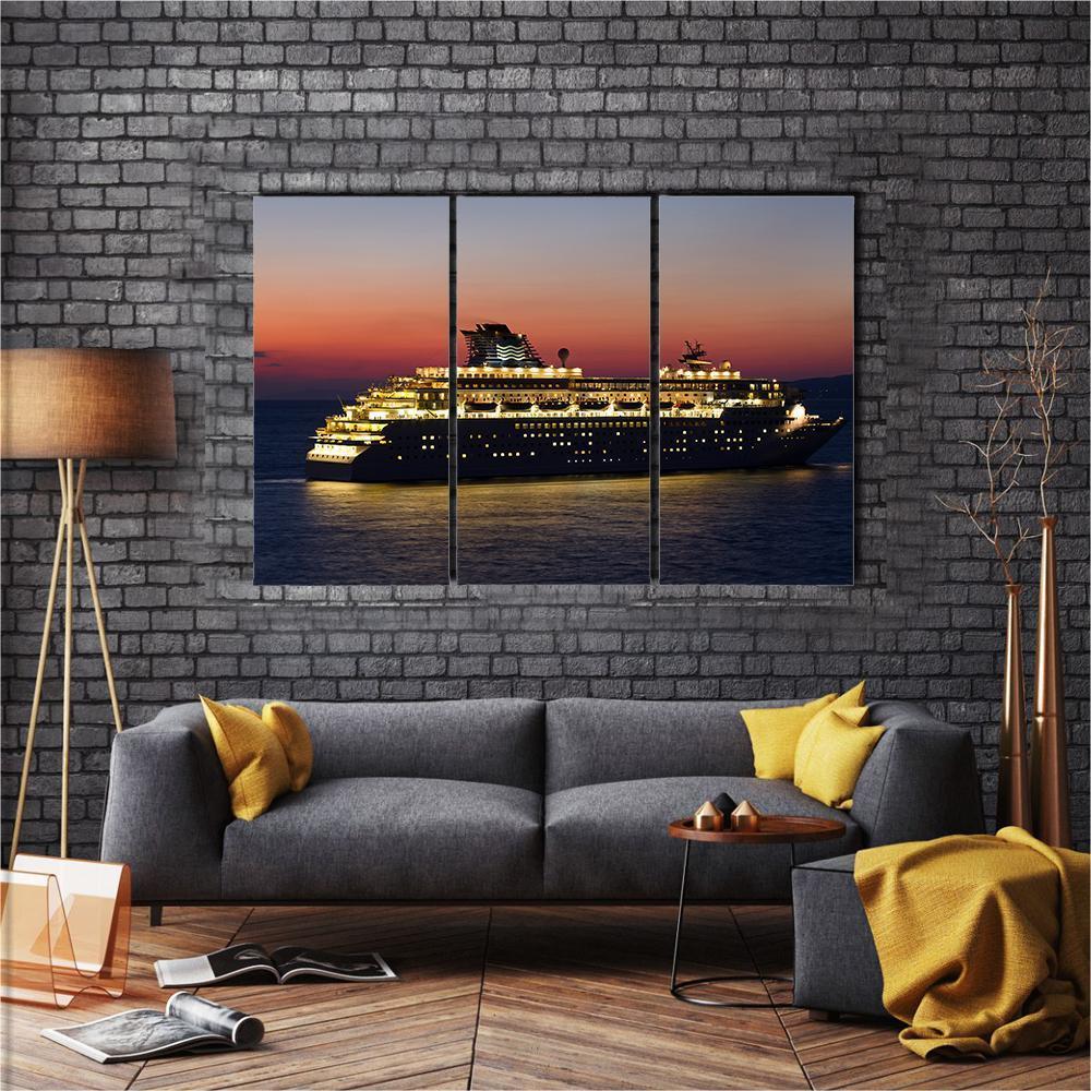 Cruise Ship At Night Canvas Wall Art-3 Horizontal-Gallery Wrap-37" x 24"-Tiaracle