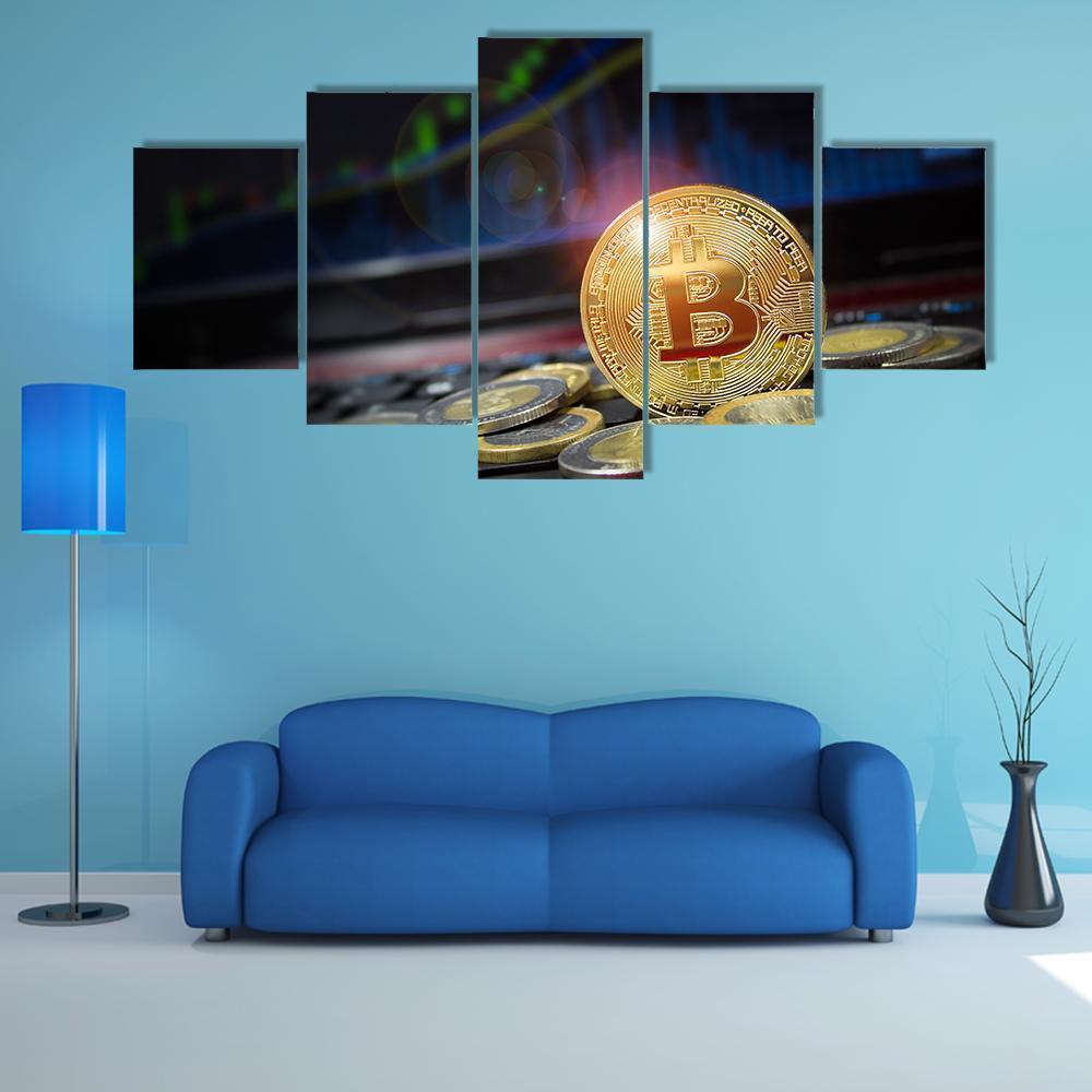 Cryptocurrency Bitcoins Canvas Wall Art-5 Star-Gallery Wrap-62" x 32"-Tiaracle