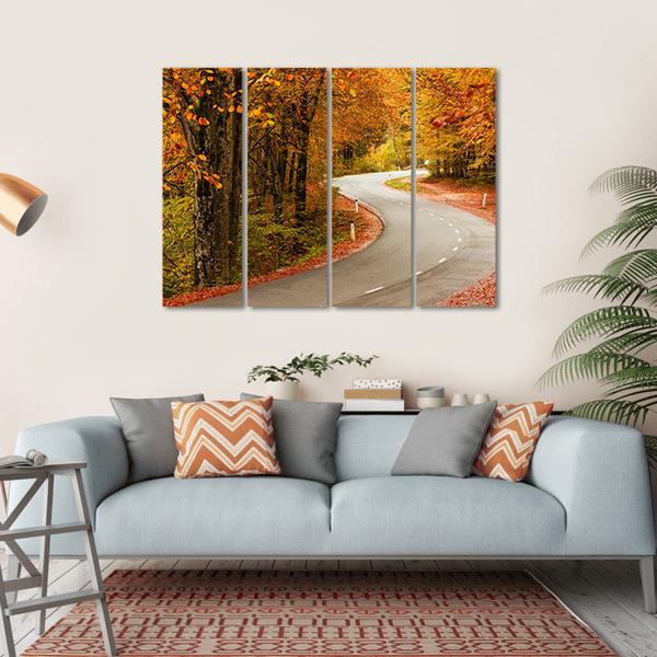 Curved Road In The Autumnal Forest Slovenia Canvas Wall Art-4 Horizontal-Gallery Wrap-34" x 24"-Tiaracle