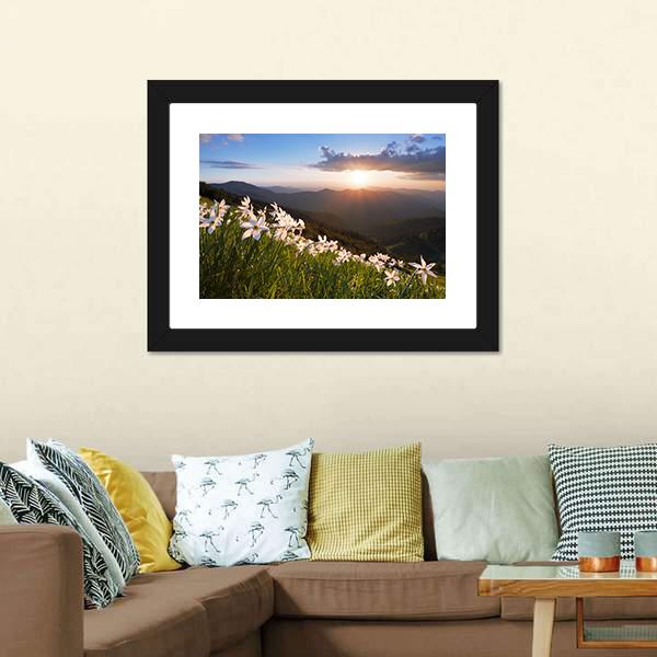 Daffodils On Mountain Canvas Wall Art-1 Piece-Framed Print-20" x 16"-Tiaracle