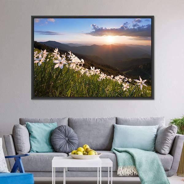 Daffodils On Mountain Canvas Wall Art-5 Horizontal-Gallery Wrap-22" x 12"-Tiaracle