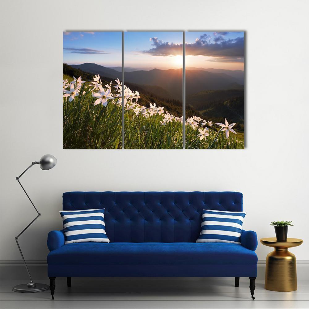 Daffodils On Mountain Canvas Wall Art-3 Horizontal-Gallery Wrap-37" x 24"-Tiaracle