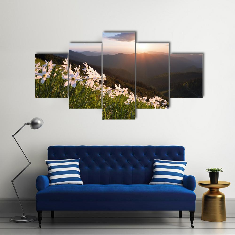 Daffodils On Mountain Canvas Wall Art-5 Star-Gallery Wrap-62" x 32"-Tiaracle