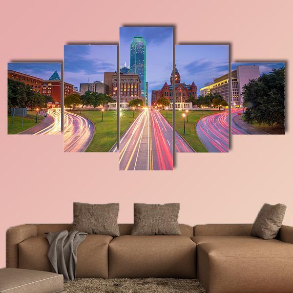 Dallas Downtown Canvas Wall Art-5 Star-Gallery Wrap-62" x 32"-Tiaracle
