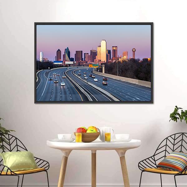 Dallas Downtown Skyline Canvas Wall Art-1 Piece-Floating Frame-24" x 16"-Tiaracle