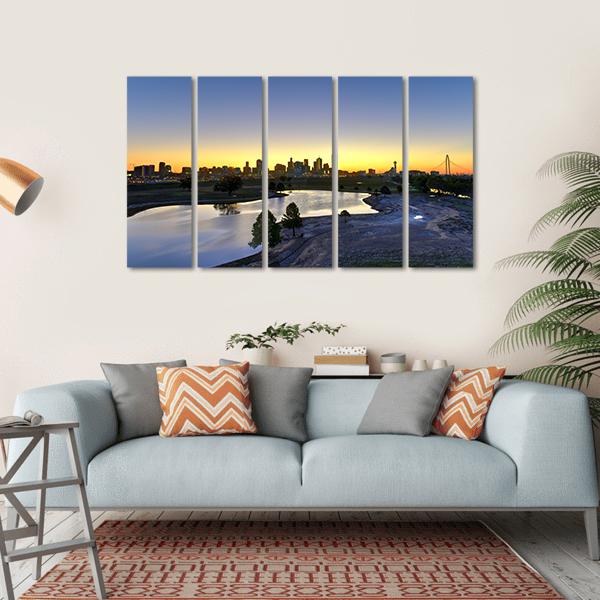 Dallas Skyline At Sunrise Canvas Wall Art-5 Horizontal-Gallery Wrap-22" x 12"-Tiaracle