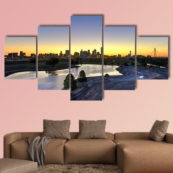 Dallas Skyline At Sunrise Canvas Wall Art-5 Star-Gallery Wrap-62" x 32"-Tiaracle
