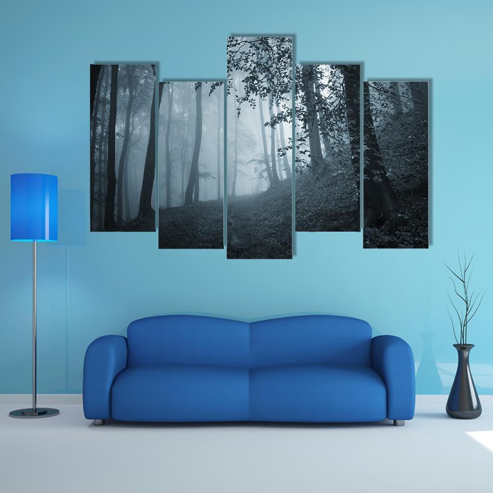 Dark Foggy Forest Canvas Wall Art-5 Pop-Gallery Wrap-47" x 32"-Tiaracle