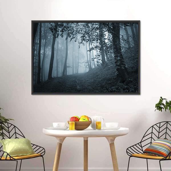 Dark Foggy Forest Canvas Wall Art-1 Piece-Floating Frame-24" x 16"-Tiaracle