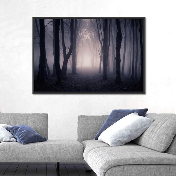 Dark Foggy Forest Path Canvas Wall Art-5 Horizontal-Gallery Wrap-22" x 12"-Tiaracle