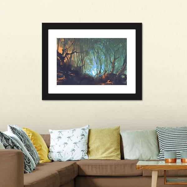 Dark Forest With Mystic Light Canvas Wall Art-1 Piece-Framed Print-20" x 16"-Tiaracle