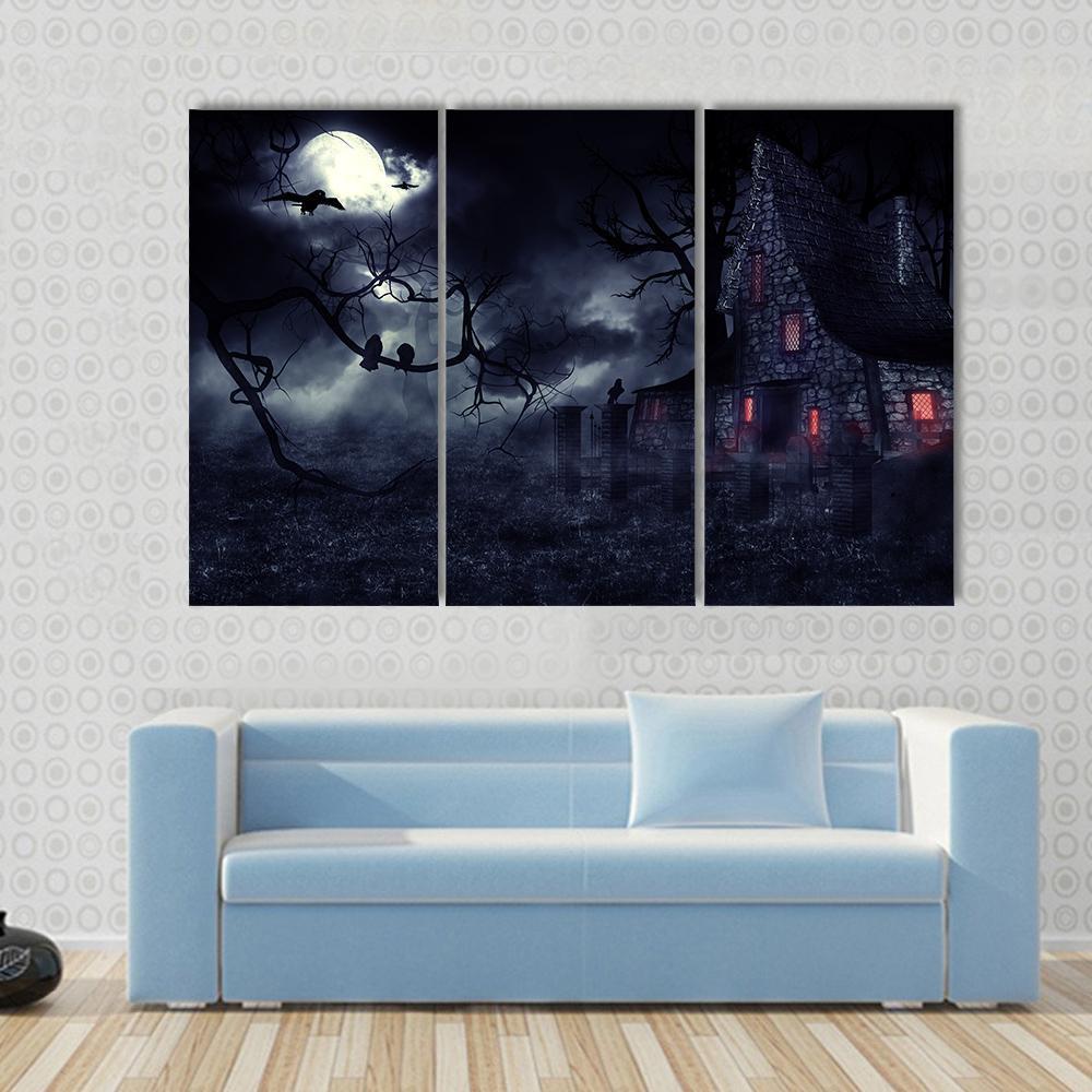Dark Haunted House Canvas Wall Art-3 Horizontal-Gallery Wrap-37" x 24"-Tiaracle