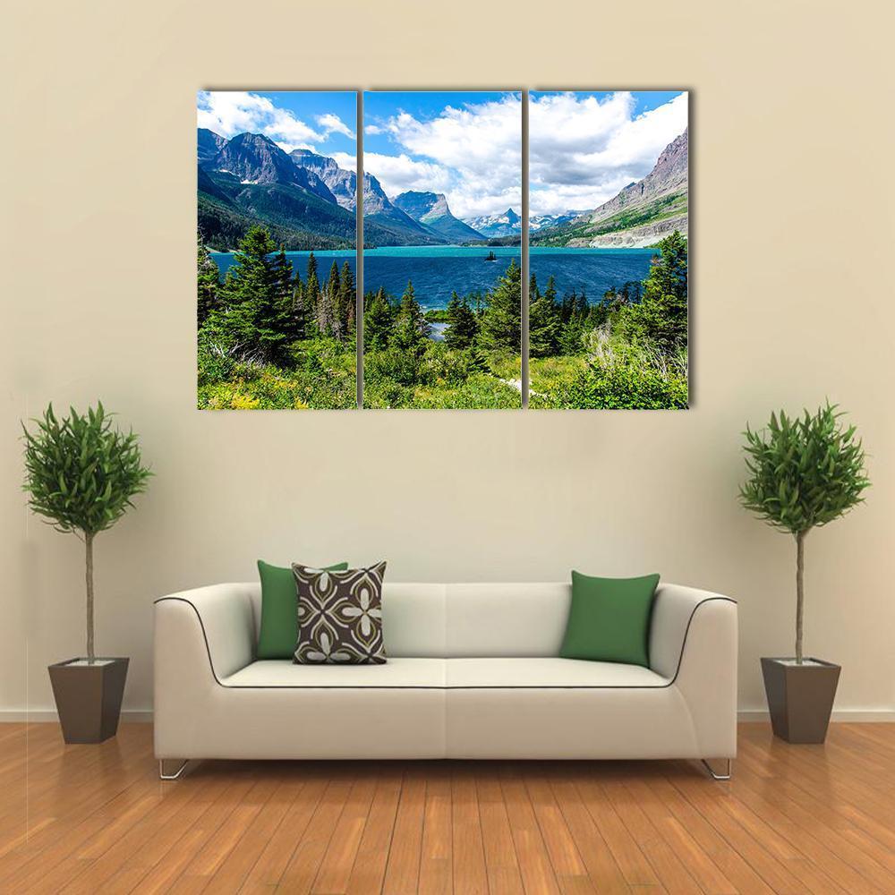 Day View Of Forest And Mountain With Lake Canvas Wall Art-3 Horizontal-Gallery Wrap-37" x 24"-Tiaracle
