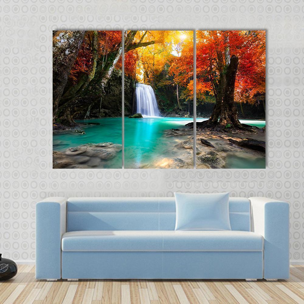 Deep Forest Waterfall Canvas Wall Art-3 Horizontal-Gallery Wrap-37" x 24"-Tiaracle