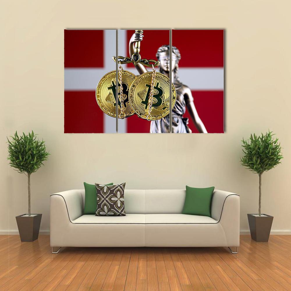 Denmark Flag With Bitcoin Canvas Wall Art-3 Horizontal-Gallery Wrap-37" x 24"-Tiaracle