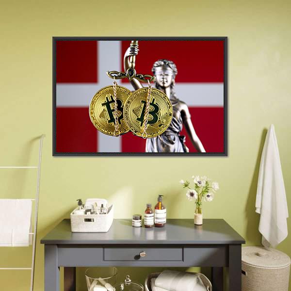 Denmark Flag With Bitcoin Canvas Wall Art-3 Horizontal-Gallery Wrap-25" x 16"-Tiaracle