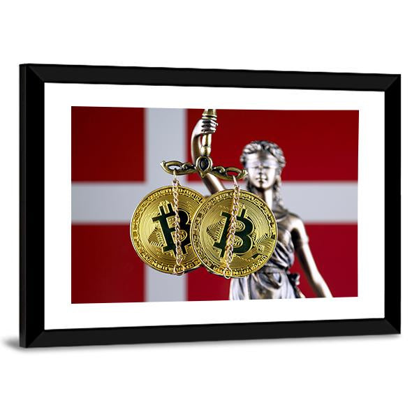 Denmark Flag With Bitcoin Canvas Wall Art-3 Horizontal-Gallery Wrap-25" x 16"-Tiaracle