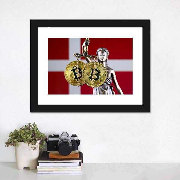 Denmark Flag With Bitcoin Canvas Wall Art-3 Horizontal-Gallery Wrap-25" x 16"-Tiaracle